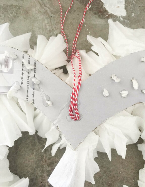 Use cute red and white twine on a coffee filter wreath for Valentines Day.