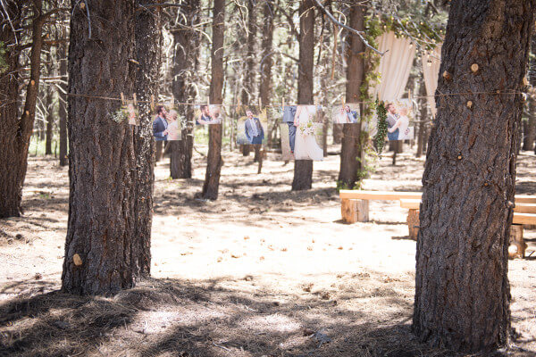 Clotheslines with engagement pictures for a special touch at an outdoor woodland themed wedding.