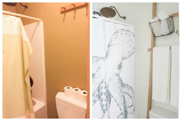 This octopus shower curtain made a huge impact in this budget friendly bathroom makeover!