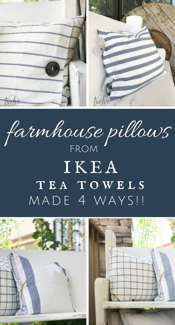 The ultimate guide to farmhouse pillows. Make these IKEA tea towel farmhouse pillows 4 different ways! Can you believe it? The best collection I have seen!