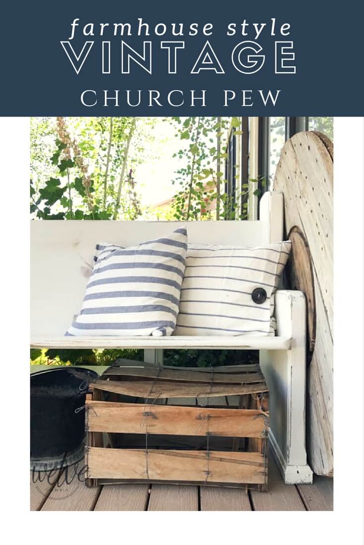 This incredible farmhouse style vintage church pew is the perfect addition to this farmhouse porch! You have to see what it looked like before. With the addition of farmhouse pillows, crates, baskets, and galvanized tubs, this space is perfection.