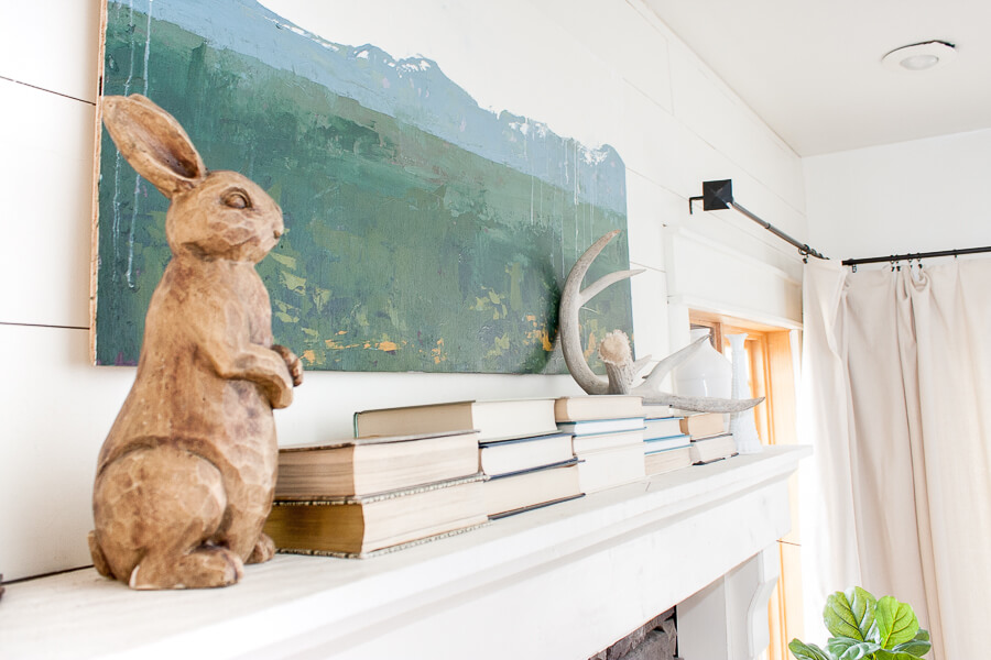 Farmhouse spring home decor for the win! Love this wooden bunny and custom artwork!