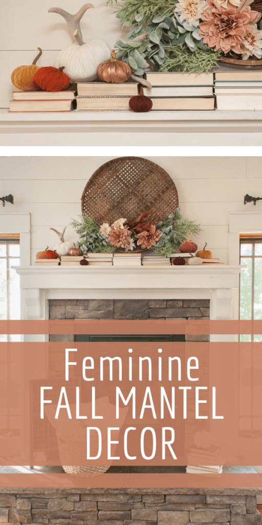 Check out this fall mantel decor! The combination of the books, flowers and blush colored pumpkins is perfect!