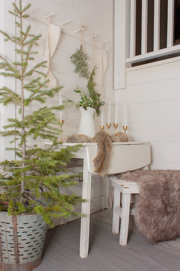 Scandinavian inspired Christmas decor in the entryway