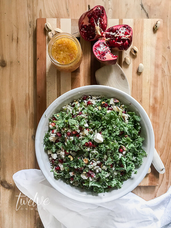 This kale, wild, rice, feta cheese, and pomegranate salad is something to behold! It is so flavorful and is the perfect accompaniment to any hearty meal!