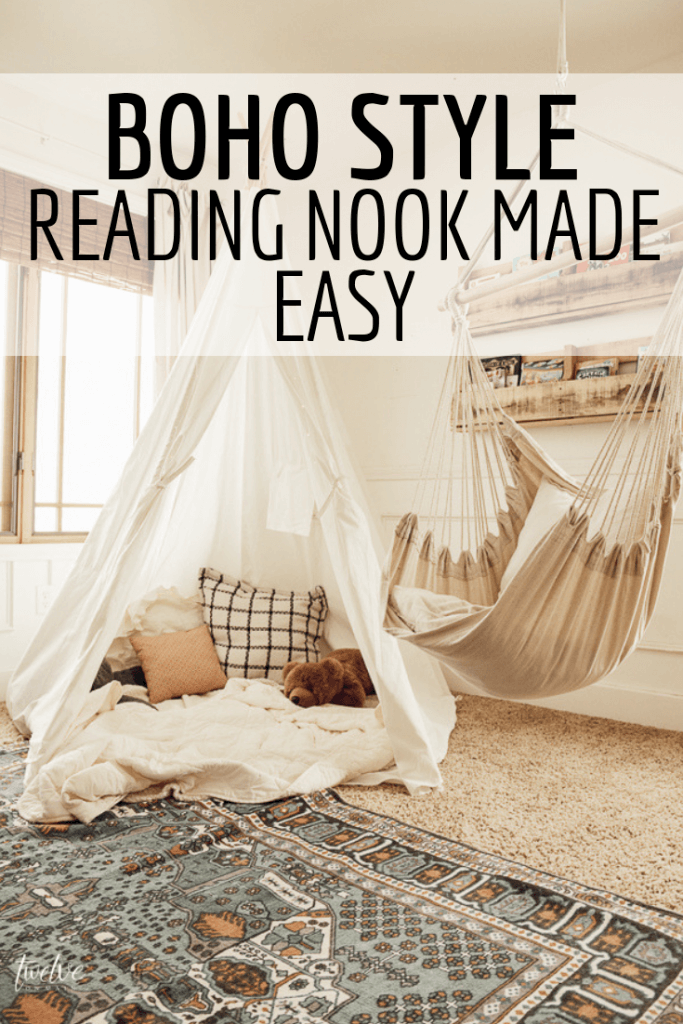 I love this boho farmhouse style reading nook complete with a large canvas teepee and a hanging chair!