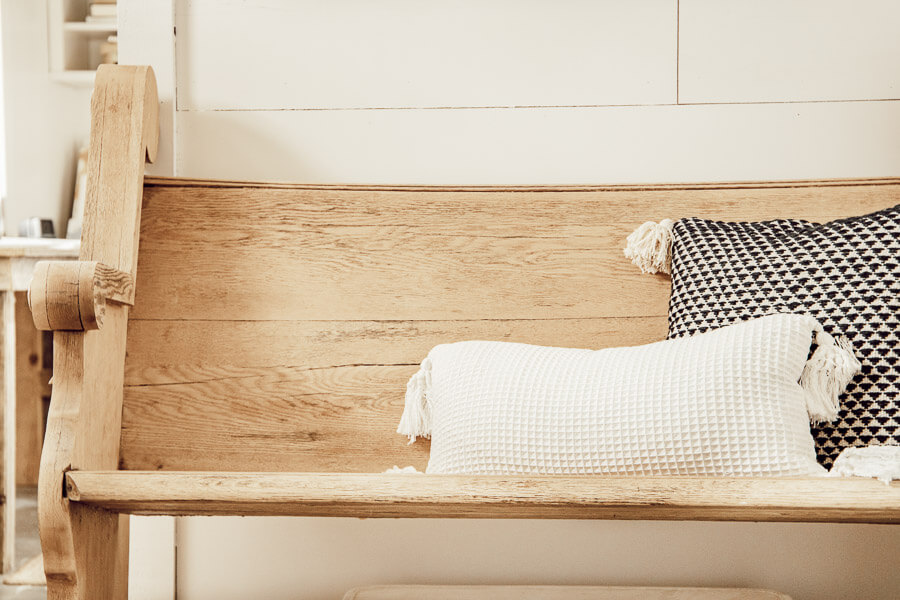 Vintage church pew in the entryway