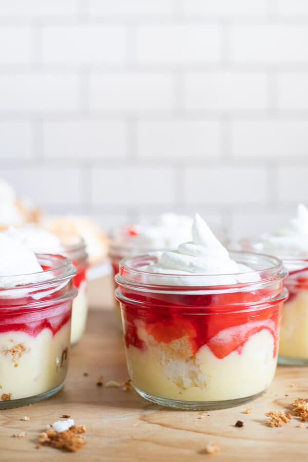 Delicious strawberry dessert in mason jars