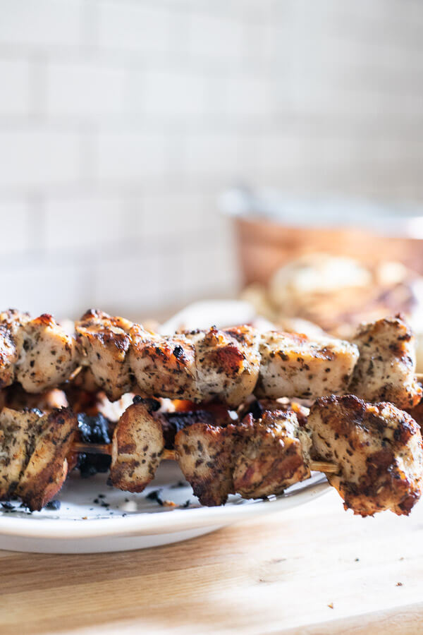 Grilled Chicken Souvlaki Skewers With Flatbread and Tzatziki Sauce