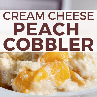 The ultimate combination of tart peaches, tangy cream cheese, and sweet white cake. This cream cheese peach cobbler is so delicious and easy to make! It is the perfect peach dessert!
