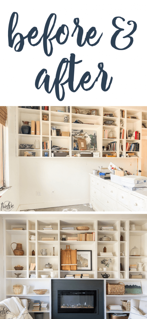 The before and after of these office bookshelves and a gorgeous built in electric fireplace.