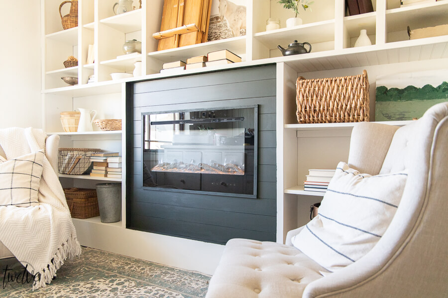 How I used my Wagner paint sprayer to makeover my office bookshelves and how we added a built in electric fireplace to the space in only a couple hours on a Saturday!