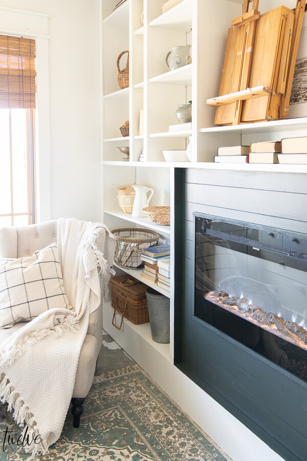 How I used my Wagner paint sprayer to makeover my office bookshelves and how we added a built in electric fireplace to the space in only a couple hours on a Saturday!