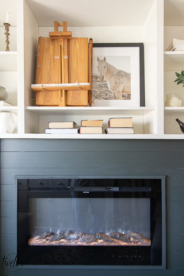 How I used my Wagner paint sprayer to makeover my office bookshelves and how we added a built in electric fireplace to the space in only a couple hours on a Saturday!
