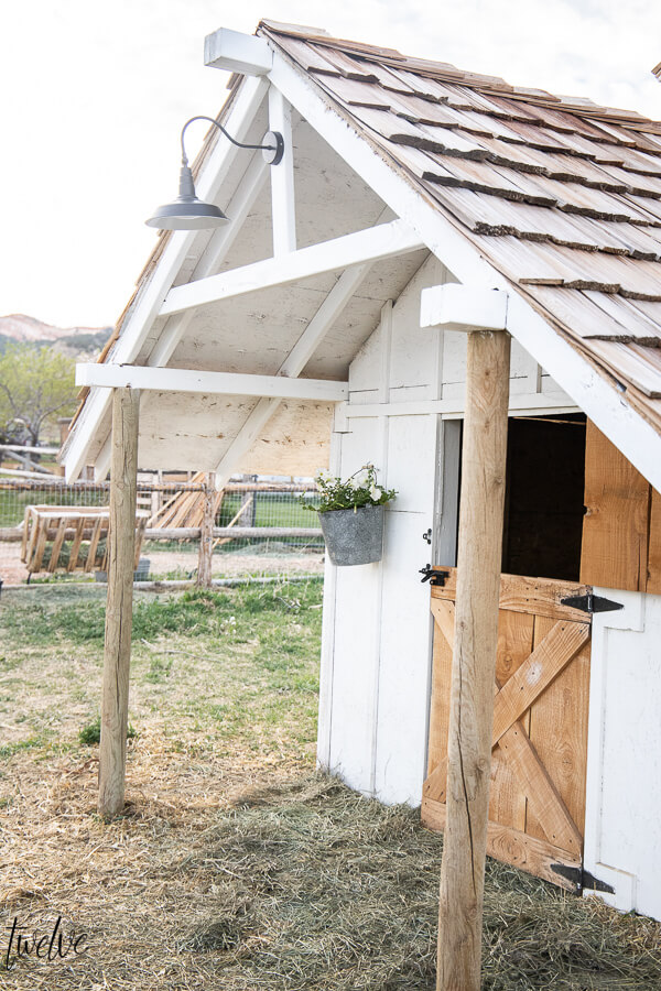 Check out this amazing simple and stylish white and rustic goat house!  Looking for goat shed ideas? We combined function, along with a rustic dutch door, a stylish solar light, rustic shake roof, white board and batten, and so much more to create a simple but stylish goat house! Also includes a gorgeous cupola on the top of the roof!