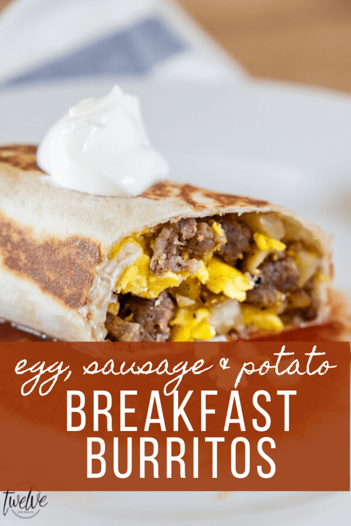 Super easy and super tasty egg, sausage, and potato breakfast burrito recipe.  This is one of our favorites, makes enough for leftovers and is a hit!