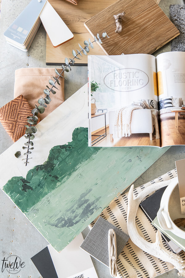 Get living room decor inspiration!  Check out my living room mood board ideas, flooring ideas using Carpet One "twenty for 2020" flooring collection, combined with fabrics, found object, paint colors and more.