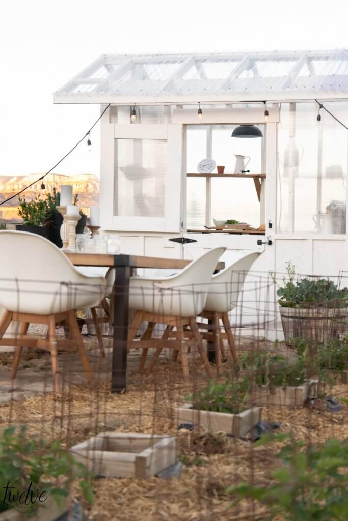 How about creating an outdoor dinner party nestled in the garden, with a gorgeous greenhouse as a backdrop and place to keep the food. Check out this amazing outdoor dining experience and more outdoor dining ideas!