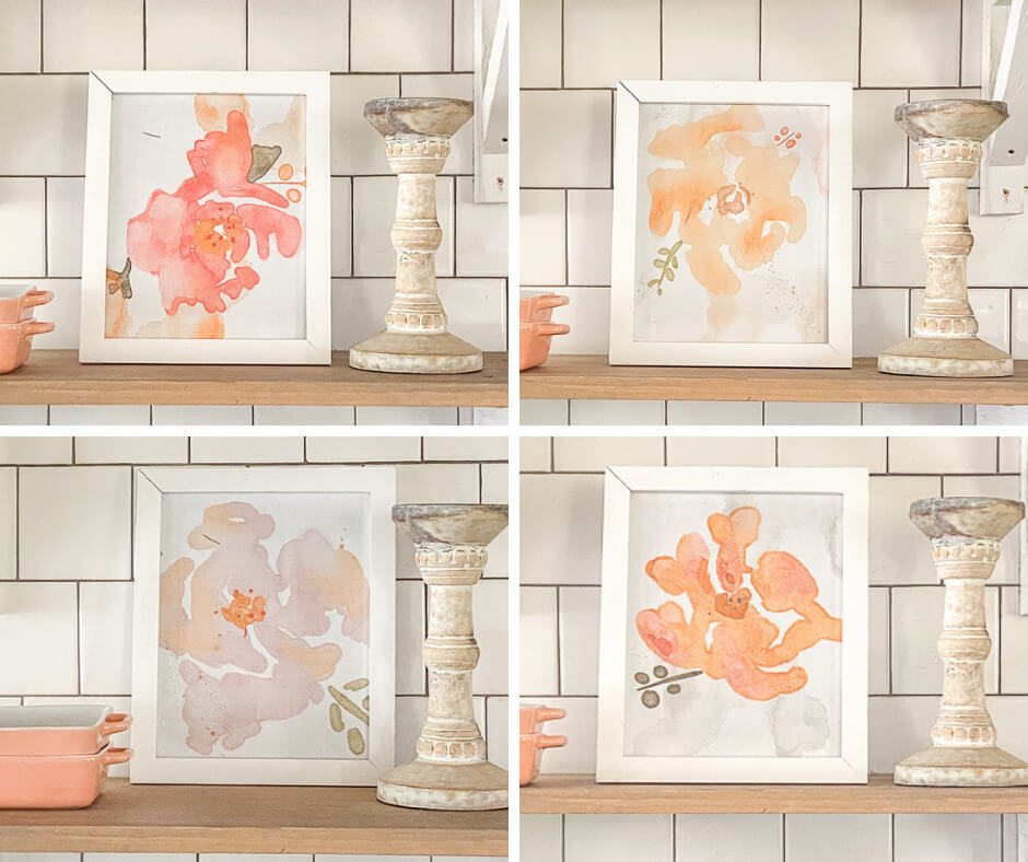 Get this set of 4 watercolor floral printables for FREE! They are handpainted, gorgeous fluid floral paintings using watercolor.