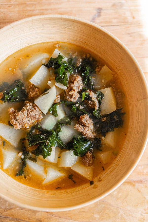 This potato, sausage and kale soup is hearty, flavorful and so easy to make!  Its the perfect weeknight meal or rainy day meal!