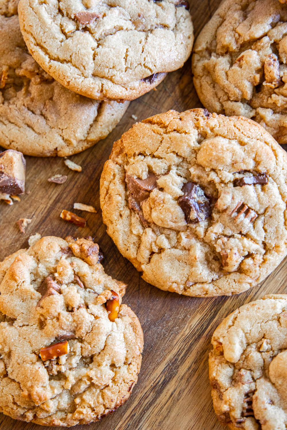 These brown butter cookies with chocolate chips toffee bits are amazing! Make them even better by adding pretzel pieces and chopped up Reese's peanut butter cups. These care such a hit! They are soft and chewy and full of flavor and yummy textures.