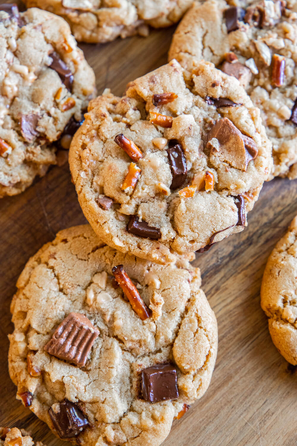 These brown butter cookies with chocolate chips toffee bits are amazing! Make them even better by adding pretzel pieces and chopped up Reese's peanut butter cups. These care such a hit! They are soft and chewy and full of flavor and yummy textures.