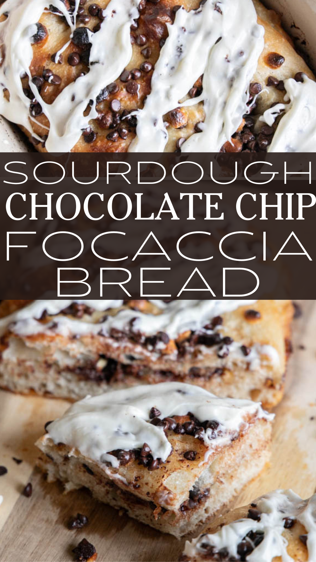 This amazing chocolate chip sourdough focaccia bread recipe is a glorious take on my regular sourdough focaccia bread. It is light and airy with a sweet chocolate chip filling and a drizzle of cream cheese icing.
